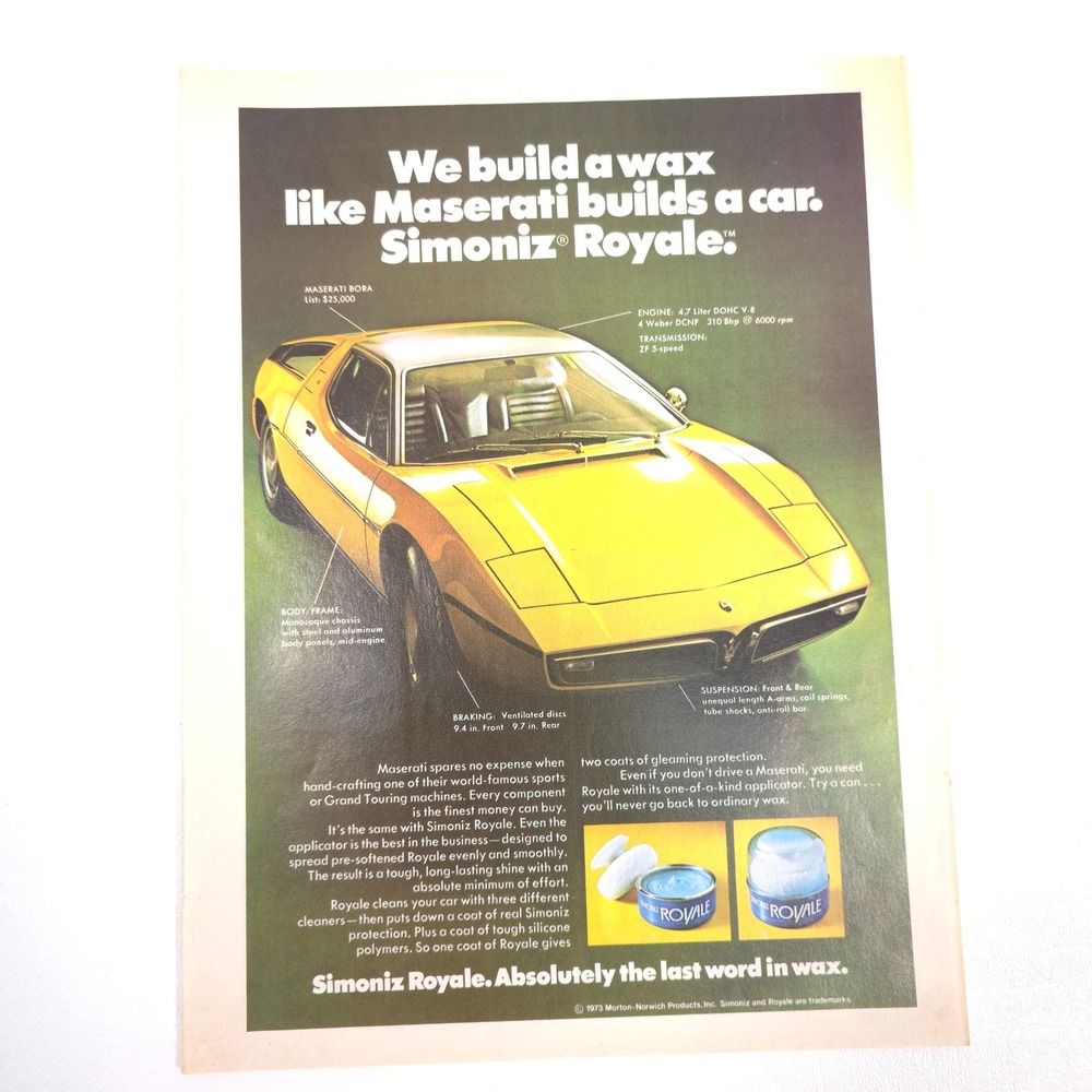 Maserati Bora Vintage Print Ad Simoniz Royale Wax Exotic Sports Car Retro Art